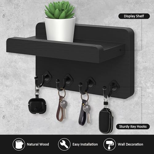 Nekon Key Holder Wall Mount, 8.5 Inch Small Home Decor Wooden Wall Organizer with 4 Hooks and Shelf, Key and Mail Holder for Living Room Entryway Kitchen (Black) - color: Black