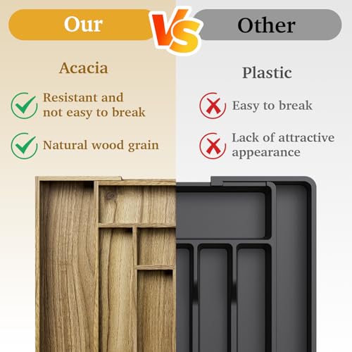 Kiasthome Acacia Wood Kitchen Silverware Drawer Organizer, Expandable Utensil Cutlery Drawer Organizer with Dividers, Flatware Organizer Silverware Tray for Spoon, Fork, 13''-21''x16.9'' (6-8 Slots) - size: 8 Slots Expandable