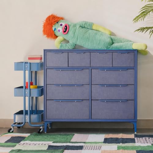 tinge Naima Premium Fabric Dresser - Strong Metal Frame, 10 Spacious Sag-Proof Drawers with Sleek Metal Handles - Premium & Durable Storage Solution for Your Home (Navy) - color: Ocean Blue (Navy), size: 14"D x 39.2"W x 35.8"H (10 Drawers)