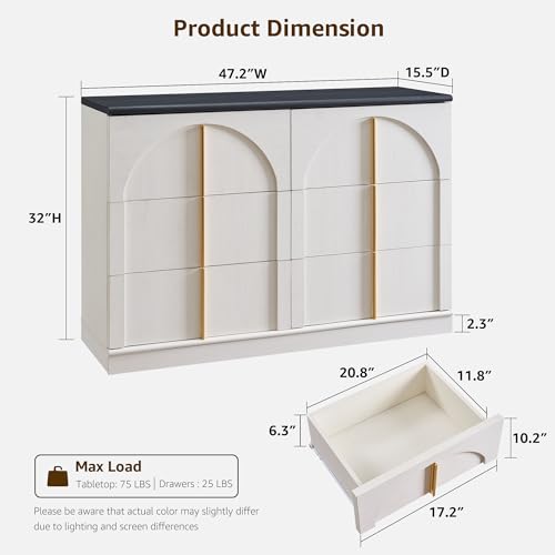ACCOHOHO Arched Dresser for Bedroom with 6 Drawers, 47.3" Wide Modern Chest of Drawers with Rounded Edge & Metal Handles, Wood Storage Closet Dressers TV Stand for Living Room, Hallway, White - color: White, size: 15.6"D x 47.3"W x 32"H (6 Drawers)