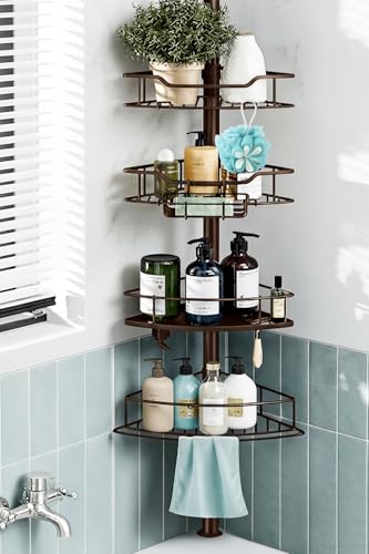 Corner Shower Caddy Tension Pole, 4 Tier Rustproof Shower Tension Rod Organizer, Adjustable 25-125 Inch Bathroom Shower Organizer Shelves for Bathtub Shampoo Storage, Brown - color: Brown