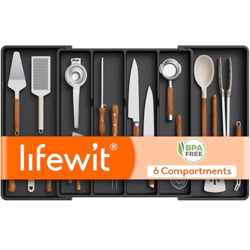 Lifewit Utensil Organizer for Kitchen Drawers, Expandable Cooking Utensil Tray, Adjustable Cutlery Silverware Flatware Holder, Plastic Spatula Tools Storage Divider, 18- 30 x 18.5", Black - color: Black, size: XXL(18-30''W x 18.5''D)