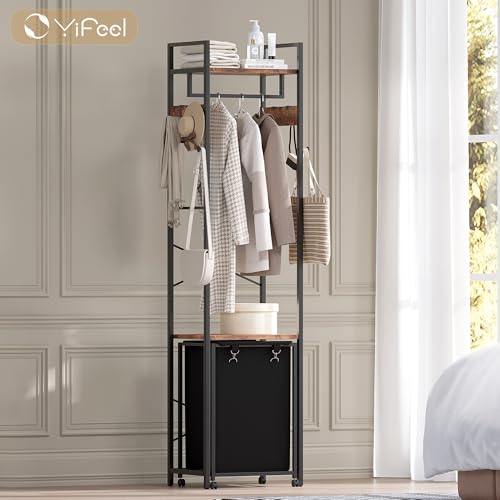 Coat Rack with Laundry Basket, Laundry Hamper Freestanding Hall Tree, Clothes Rack with Storage Shelves, 14.5 Gal Removable Bags on Wheels, Black and Brown JLH005SR - color: Black and Brown