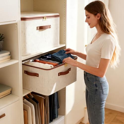 Tuza 3 Pcs Rigid Storage Bins with Zipper Lid, Cotton Linen Fabric Storage Boxes, Foldable Shelves Clothes Storage Cubes with Handles for Wardrobe, Closet(Beige, 56L) - size: XXL-56L