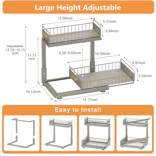 Under Sink Organizer, High Adjustable 2 Tier Under Kitchen Sink Organizer, Multi-Purpose Storage Shelf for Kitchen Bathroom Cabinet, Gray - color: Gray, size: 1 Pack Double Layer