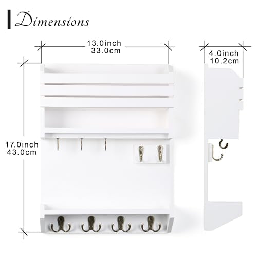 Key Holder, Wall Mounted Mail Organizer, Keys Holder on Wall with 9 Key Hooks, White - color: White