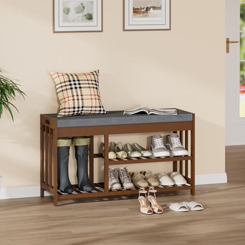 Shoe Rack Bench with Cushion,2 Tiers Shoe Bench with Flip-Top Storage,Wood Shoe Rack for Entryway, Hallway, Bedroom, Front Door Entrance (Brown) - color: Brown