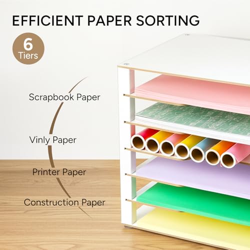 Yumkfoi Construction Paper Organizer 12" x 18", 6-Tiers Paper Organizer Storage, Wooden Desktop Organizer, Letter Tray for Office, Home, Classroom - size: 21.7" x 13.7" x 15.6"