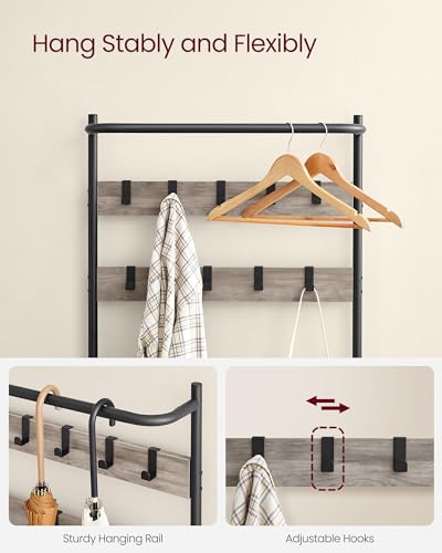 VASAGLE Hall Tree with Bench and Shoe Storage, Entryway Bench with Coat Rack Stand and Shoe Rack, 9 Movable Hooks, Top Bar, Fabric Shelves, Industrial, Greige and Black UHSR411B02 - color: Greige + Black, size: 25.2"W