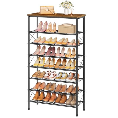 Tajsoon 8 Tier Free Standing Shoe Rack for 28-32 Pairs, X Shape Fixed Frame Metal Mesh Shoe Rack for Closet, Rustic Brown & Black - color: Rustic Brown & Black, size: 8-Tier