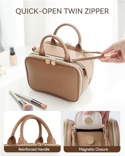 Prite Makeup Bag for Women, Large Capacity Waterproof Travel Cosmetic Organizer, Portable Open Flat Toiletry Bag with Free-standing Brush Holder and Handle(Brown Large) - color: Brown, size: Large