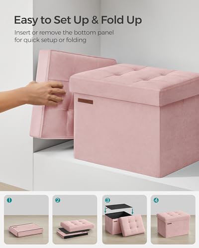 SONGMICS Storage Ottoman, Foldable Small Ottoman Foot Rest, 12.2 x 16.1 Inches Foot Stool, Load up to 286 lb, for Living Room, Bedroom, Dorm, Jelly Pink ULSF200R01 - color: Jelly Pink, style: Velvet