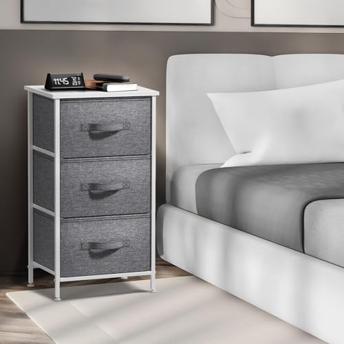 Sorbus Nightstand with 3 Drawers - Bedside Furniture & Night Stand End Table Dresser with Steel Frame, Wood Top, Easy Pull Fabric Bins for Home, Bedroom Accessories, Office & Dorm - color: White, style: 3 Drawer