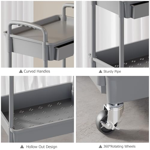 3 Tier Rolling Utility Cart with Drawer, Plastic Storage Organizer Rolling Carts with Wheels Handles Hanging Cups Hooks for Office, Bathroom, Kitchen,Craft Art Room (Grey) - color: Gray, size: 3-Tier