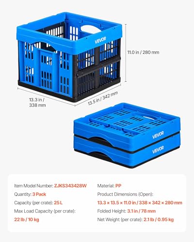 VEVOR Plastic Collapsible Storage Bins, 25L 3 Packs, Stackable Folding Storage Crates with Handles, Holds 22 lbs Per Bin, Foldable Heavy Duty Containers, Space-Saving Baskets, for Home Organizing - size: 25L-Blue-3PC