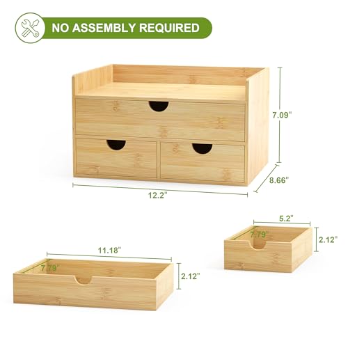 Bamboo Desk Drawer Organizer, Large Desktop Organizer with Drawers Tabletop Storage Organization Box for Office Home Toiletries Supplies Vanity, No Assembly Required (3 Drawer with Shelf) - color: 3 Drawers with shelf-U1D2, size: Small