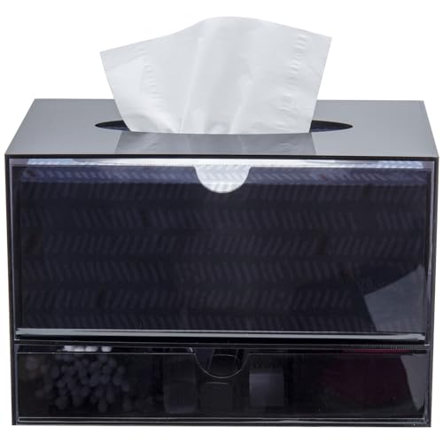MyGift Premium Black Acrylic Cosmetic Organizer Caddy and Tissue Box Cover with Pull Out Makeup Storage Drawer - Countertop Bathroom Supplies Holder - color: Black
