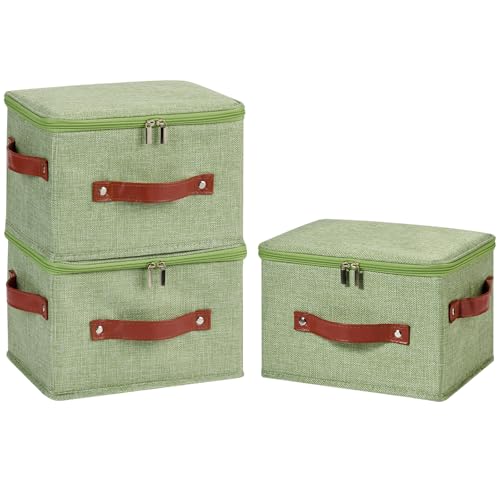 3PCS Storage Bins Boxes with Zippered Lids Cotton Linen Fabric Decorative Basket PU Leather Handles PP Plastic Board Foldable Lidded Shelf Closet Organizer Container (Light Green, Small) - color: Light Green, size: Small ( Pack of 3 )