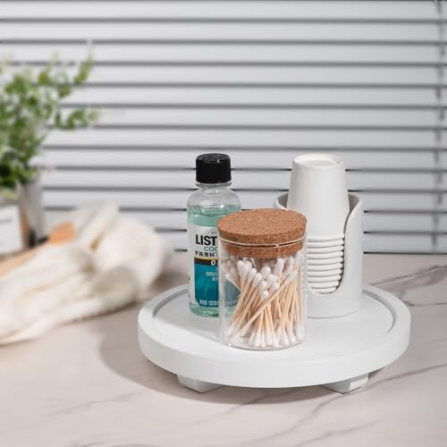 Round Decorative Tray Wood Bathroom Counter Organizer Farmhouse Kitchen Decor Wooden Riser for Soap Dish, Perfume, Candle, Sponge, 8" - White - color: White, size: 8"