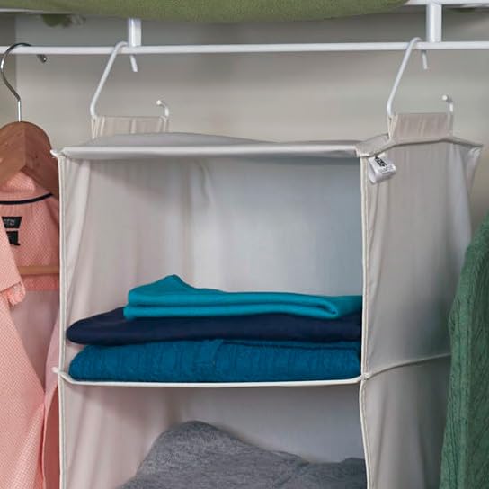 Household Essentials 311342 Hanging Closet Organizer | 3 Pocket Shelves | Natural Canvas - color: Natural