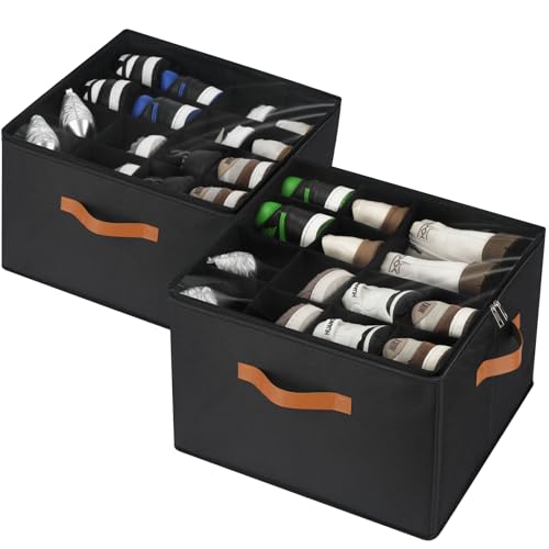 VZZNN 2 Pack Shoe Organizer for Closet, Foldable Shoe Storage Bins with Clear Cover and Adjustable Dividers, Fits up to 16 Pairs, Large Shoe Box Storage Containers with Reinforced Handles (Black) - color: Black