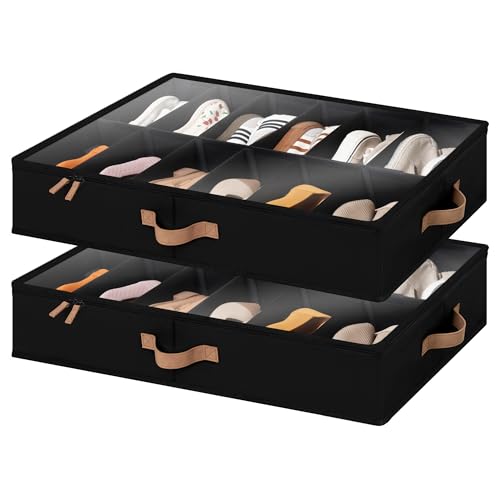 StorageWorks Shoe Organizer for Closet, Fits up to 24 Pairs, 2-Pack Ultra-thick Fabric Under Bed Shoe Storage Containers with Bottom Support and Adjustable Dividers, Black - color: Black, style: Adjustable Divider