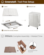 Greenstell Laundry Hamper with Wheels, No Install Needed, 90L Divided Handwoven Hampers & 2 Removable Liner Bags, Rattan Clothes Laundry Basket with Lid & Handles, Foldable Hampers White - color: White, size: 90L: 18.3x13.5x26.4 Inches