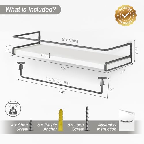 Forbena White Floating Shelves for Bathroom Organizer Over Toilet, Bathroom Shelves Wall Mounted with Towel Rack, Corner Wall Shelf for Bedroom Decor Kitchen Storage (White-Dark Grey, Set of 2) - color: 2. White-dark Grey