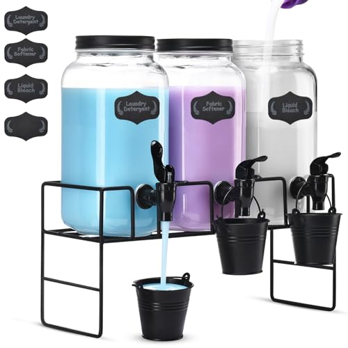 Liquid Laundry Detergent Dispenser, Three 2.2L Laundry Detergent Dispenser Glass Jar for Liquid Detergent, Fabric Softener- Laundry Soap Dispenser for Laundry Room Organization