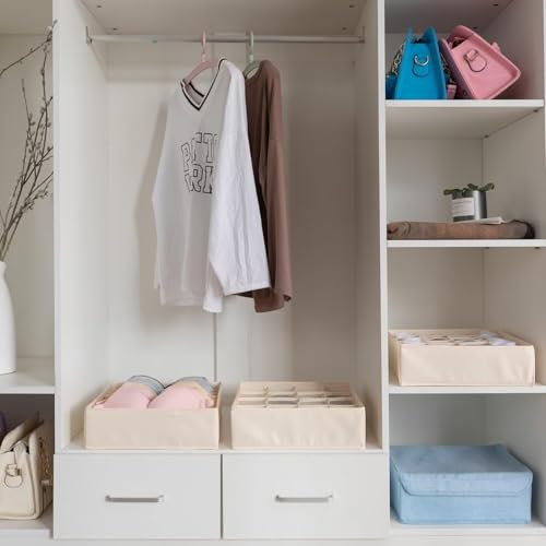 Underwear Drawer Organizer Set – Beige Collapsible Storage Boxes with 16 Compartments for Bras, Socks, and Ties – Made of Oxford Fabric with Sturdy Plastic Frame