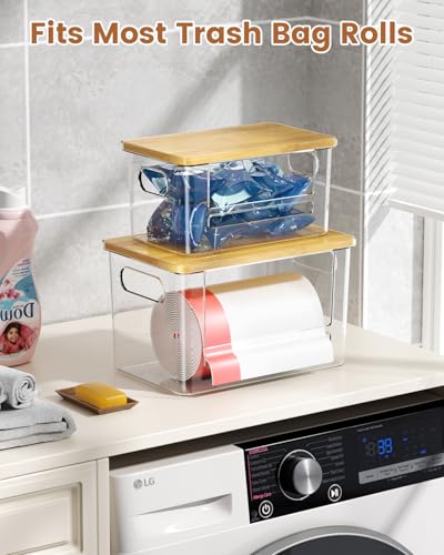 Trash Bag Dispenser 2 Pack (XL+S) - Acrylic Garbage Bags Dispenser with Bamboo Top, Trash Bag Holder Under Sink for Pantry, Kitchen, Laundry Room, Cabinet - size: XL+S-2 Pack