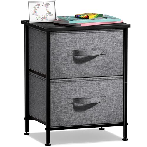 Sorbus Nightstand with 2 Drawers - Bedside Furniture End Table Night Stand with Steel Frame, Wood Top & Easy Pull Fabric Bins - Small Dresser & Chest for Home, Bedroom Accessories & Office - color: Black, style: 2 Drawer