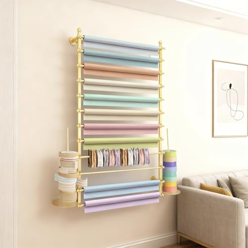 12 Layers Gold Wall Display Stand Wrapping Paper Ribbon Organizer Tie Scarf Rack Belt Towel Holder Spool Hijab Stand Metal Shelving for Home, Retail Stores, Flower Shop, Studio, Sewing-80cm - color: Gold, size: L: 31.5 in, H: 47.2 in
