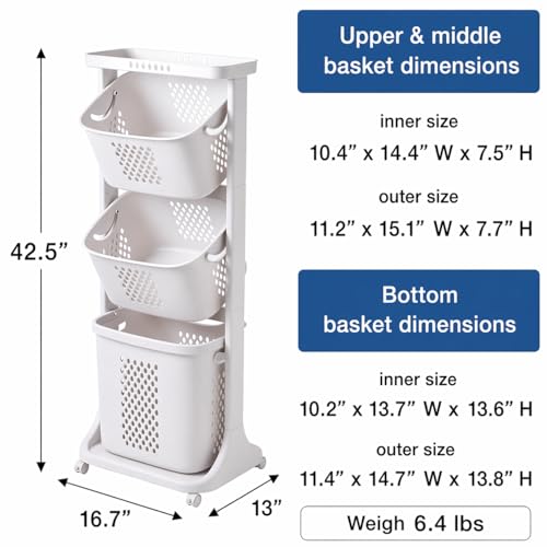 Japard 83 Litres Rolling Laundry Hamper Ultra Slim, Vertical 3 Sorter Cart with Wheels and Breaks, 3-tier Baskets Detachable for Dorm, Closet, Easy Assembly White Gray - size: 3 Tier