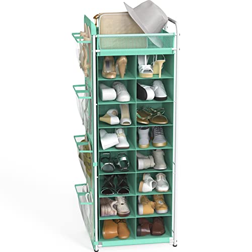 Simple Houseware 16 Cube Shoe Stand Tower Rack 8 Tier with Top Shelf and Side Hanging Pockets, Turquoise - color: Turquoise
