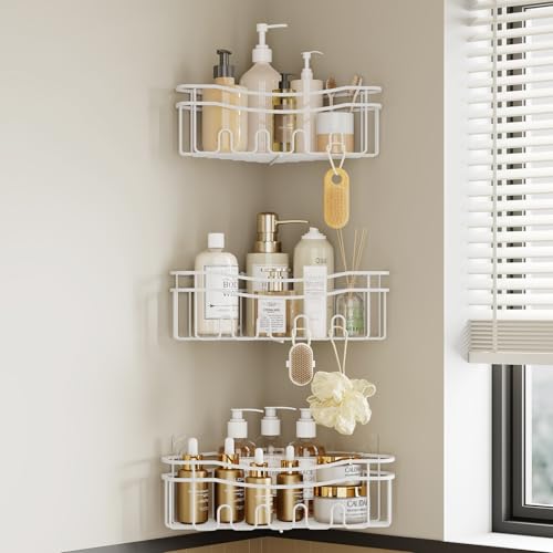 White Shower Caddy Corner, 3-Pack Adhesive Shower Shelves for Inside Shower, Rustproof Bathroom Organizer Corner with Built-in Hooks, No Drilling Bathroom Storage for Bath Accessories - color: WHITE