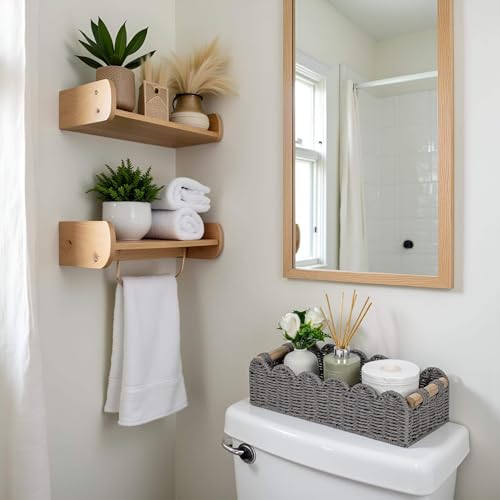 CubesLand Scalloped Edge Toilet Paper Storage Basket, Living Room Home Cozy Decor Basket, Paper Rope Small Baskets for Over Toilet Storage Shelf, End Table, Shelves, with 2 Wooden Handles, Grey - color: Grey, size: M - 14"L x 6.3"W x 3.9"H