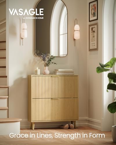 VASAGLE MAXE Collection - Shoe Storage Cabinet with 2 Flip Drawers, Freestanding Narrow Shoe Rack Organizer for Entryway, Fluted Doors, Fits 12-16 Pairs, Mid Century Modern, Oak Beige UHSC202YC03S - color: Oak Beige, size: 9.4"D x 34.2"H, style: 3 Flip Dr