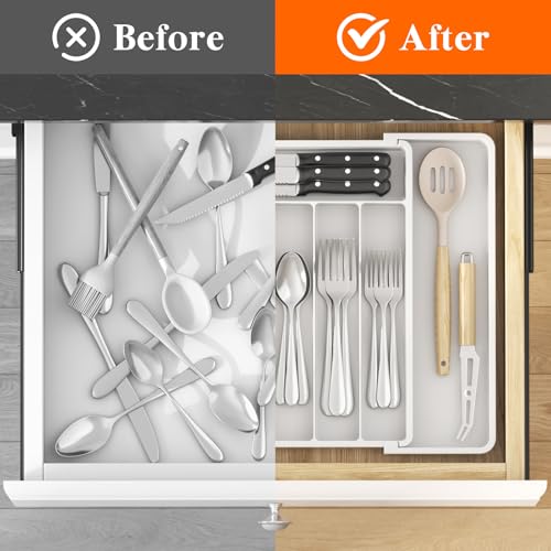 Lifewit Silverware Drawer Organizer, Expandable Utensil Tray for Kitchen, BPA Free Flatware and Cutlery Holder, Adjustable Plastic Storage for Spoons Forks Knives, 10.9"-17.5" x 13.7", White - color: White, size: Large (11-18''W x 14''D)