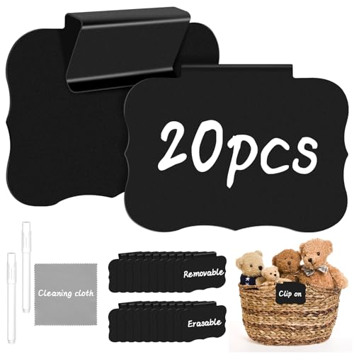 23PCS Basket Labels Clip On, 20 Removable Labels for Storage Bins, Kitchen Pantry Label, Plastic Storage Bin Label with 2 Chalk Markers & 1 Wipe, Label Holder, Basket Tags, Bin Clips (Black)