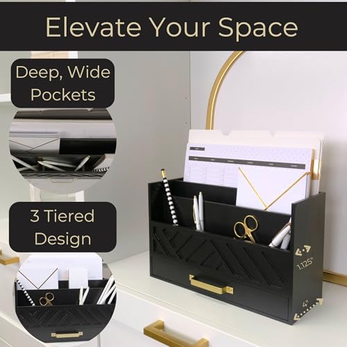 BLU MONACO | Wooden Mail Organizer with Drawer and Gold Handle | Mail Sorter Organizer Countertop for Desk | Outgoing Mail Holder and Letter Sorter for Desk Storage - color: Black