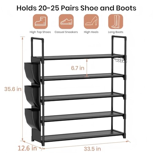 VILICK 5 Tier Shoe Rack with Hook and Side Pocket,Shoe Organizer Space Saver Storage for 20-25 Pair Shoe Storage Shelf Sturdy Free Standing Long Shoe Rack Organizer for Closet,Entryway,Small Spaces - color: Black, size: 33.5"W - 5 Tier