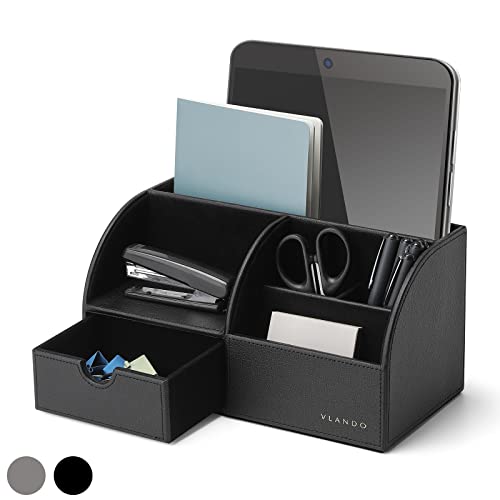 Vlando Office Desk Organizer Leather Desktop Organizer Caddy with Drawer for Storing Desktop Supplies and Accessories (Black) - color: A.Black