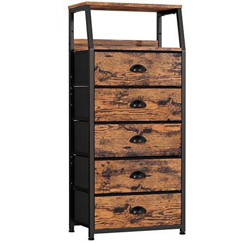 Furnulem Tall 5 Drawers Dresser, Vertical Storage Tower Fabric Dresser for Bedroom, Hallway, Entryway, Nursery, Closet Organizer, Nightstand Bedside Table Furniture, Sturdy Steel Frame, Wood Top - color: Rustic Brown, style: 5 Drawers
