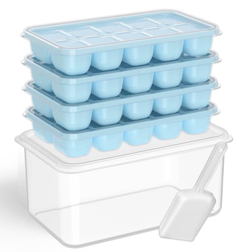DOQAUS Ice Cube Tray with Lid and Bin - 4 Pack Silicone Ice Cube Trays for Freezer, Stackable Ice Bucket Kits with Storage Container & Scoop for Kitchen, RV, Cocktail, Coffee - color: Lake Blue