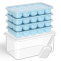 DOQAUS Ice Cube Tray with Lid and Bin - 4 Pack Silicone Ice Cube Trays for Freezer, Stackable Ice Bucket Kits with Storage Container & Scoop for Kitchen, RV, Cocktail, Coffee - color: Lake Blue