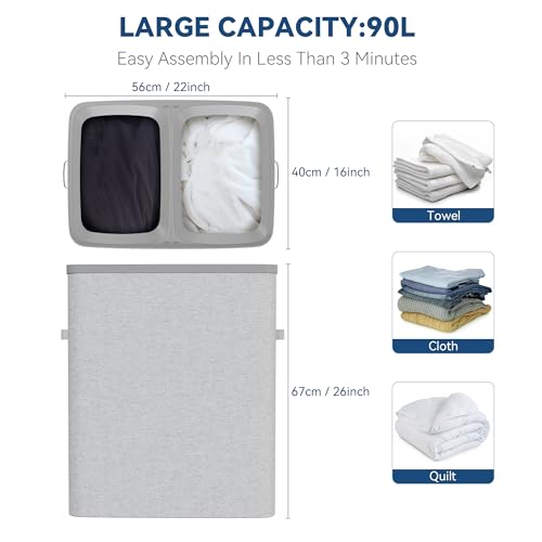 Dual Section 90 liter/23.8 gallon Laundry Hamper Separation Basket with lid, 2 Removable Washing Bags with Handles,Large Laundry Sorter for Easy Clothes Separation - Gray - size: 2 Section,Gray