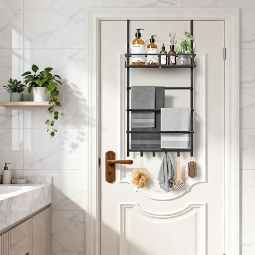 Aetyord Towel Racks for Bathroom Over the Door Towel Rack Towel Storage with Metal Shelf Basket and Hooks Black - color: Black