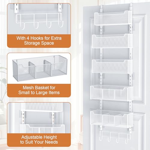 VyGrow Over The Door Organizer, Metal Door Organizer Hanging with 5 Adjustable Baskets and Coat Hook, Behind The Door Storage for Bedroom Closet Bathroom Pantry Cabinet Kitchen, White - color: White, size: 5-Tier