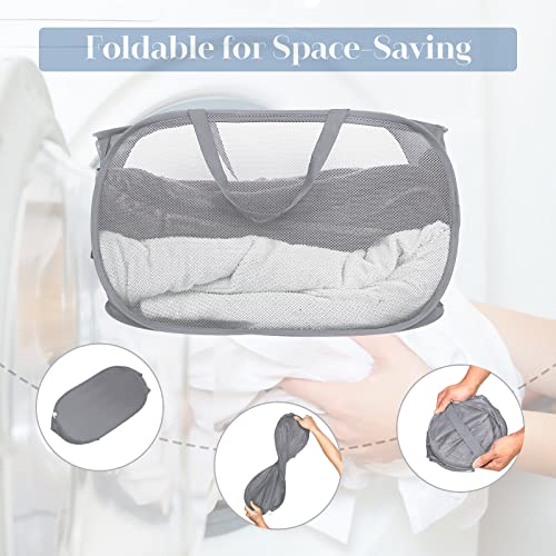 2 Pcs Durable Collapsible Laundry Baskets - Reinforced Mesh Pop Up Laundry Hamper with Pocket, Foldable Dirty Clothes Hamper with Carry Handles for Laundry, Bathroom, Kids Room, Dorm or Travel Grey - color: Gray, size: Pop Horizontal+Vertical